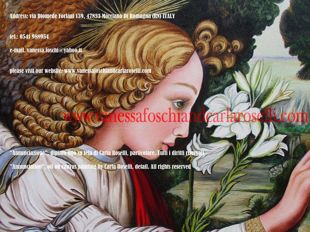 Annunciazione, dipinto olio su tela di Carla Roselli, particolare-Annunciation, oil on canvas painting by Carla Roselli, detail. All rights reserved 2