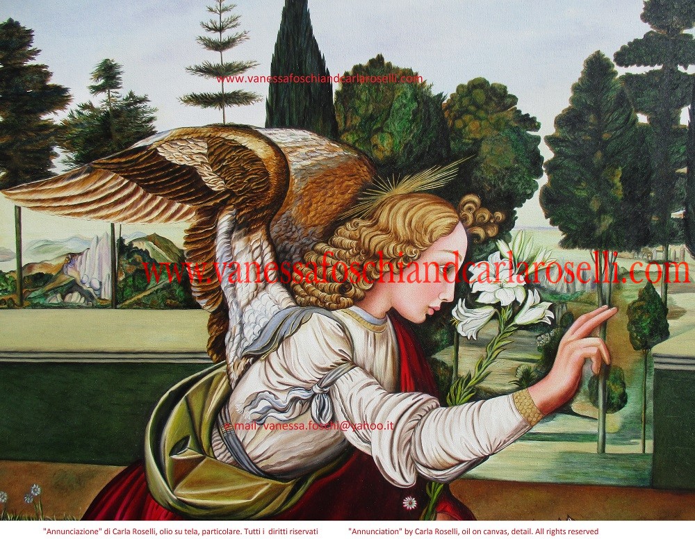Annunciazione, dipinto olio su tela di Carla Roselli, particolare-Annunciation, oil on canvas painting by Carla Roselli, detail. All rights reserved 2