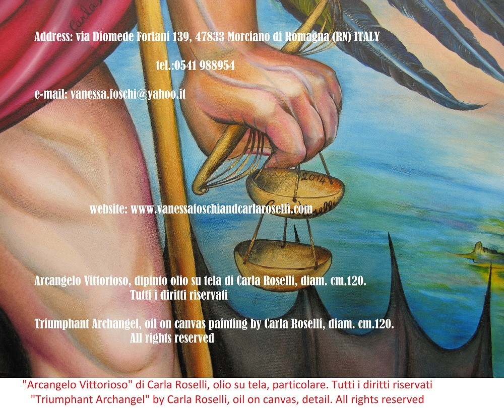 Arcangelo Vittorioso, dipinto olio su tela di Carla Roselli, bilancia-Triumphant Archangel by Carla Roselli