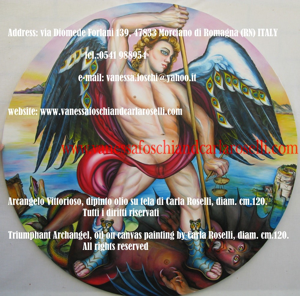 Arcangelo Vittorioso, dipinto olio su tela di Carla Roselli, diam. cm.120-Triumphant Archangel by Carla Roselli