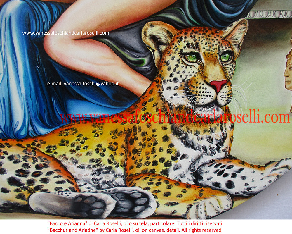 Arianna e Bacco, dipinti da Carla Roselli ,siedono con un leopardo