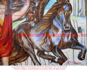 Pegaso, mitico cavallo alato figlio di Poseidone/Nettuno, nel dipinto di Carla Roselli