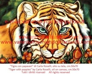 Tigre con papaveri, dipinto olio su tela di Carla Roselli