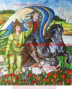 Pegasus : the birth of the winged horse son of Poseidon and Meduda depicted by artist Carla Roselli