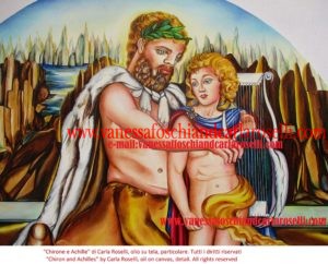 Chirone, figlio di Crono e Filira e Achille nel dipinto di Carla Roselli