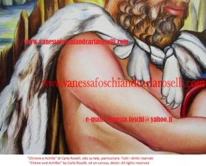 Chirone, figlio di Crono e Filira e Achille, figlio di Peleo e Teti, nel dipinto di Carla Roselli