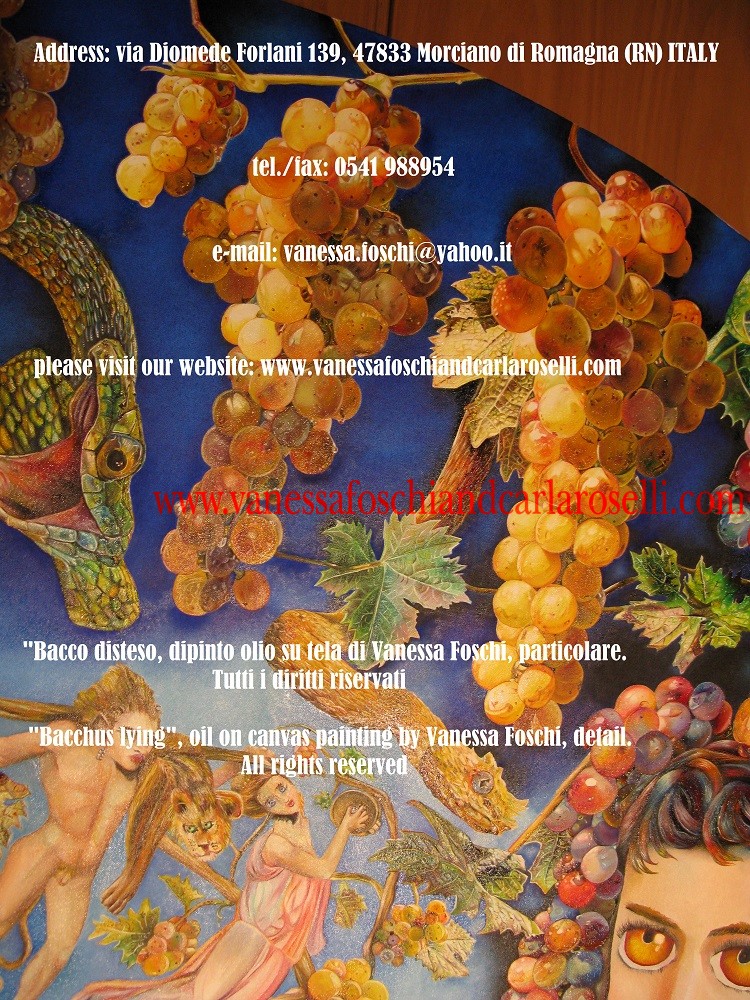 Bacco disteso, dipinto olio su tela di Vanessa Foschi, uva e serpenti- Bacchus lying, oil on canvas painting by Vanessa Foschi