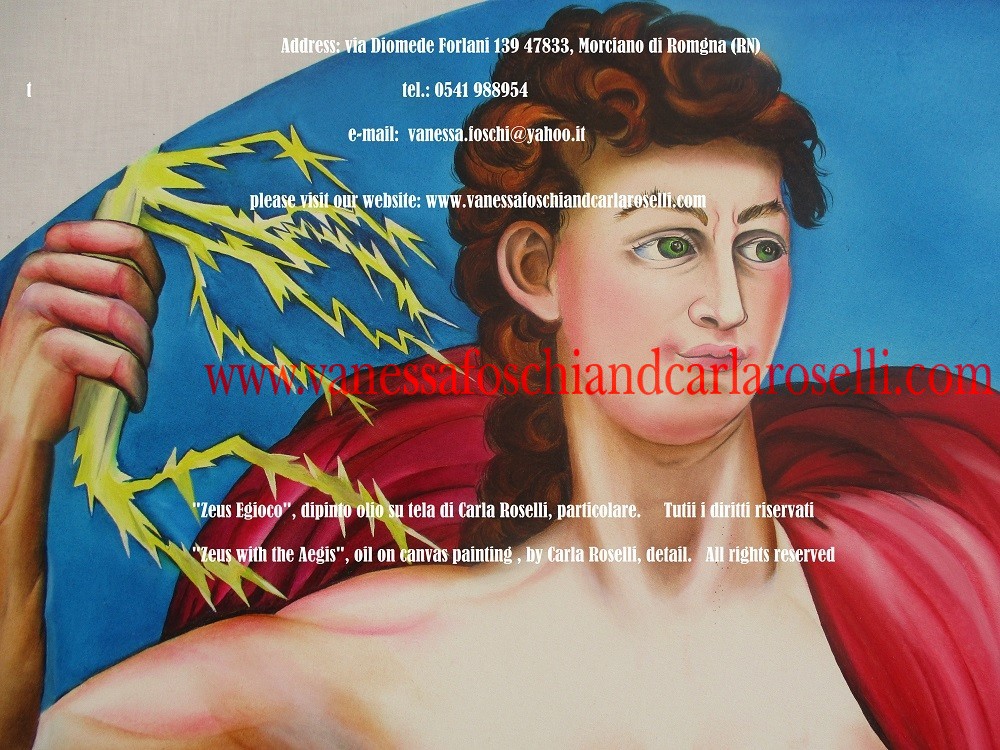 Zeus, god of the thunderbolt, as painted by Carla Roselli -Zeus, dieu du tonnerre, peinture à l'huile sur toile de Carla Roselli
