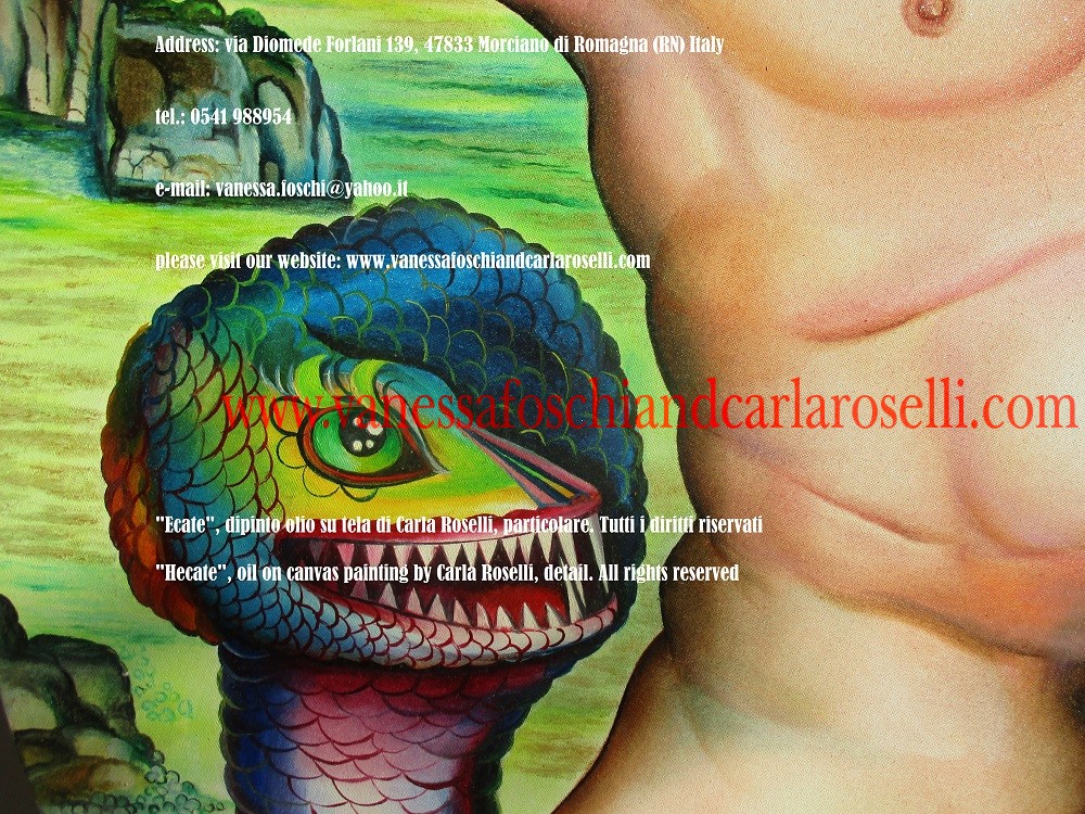 Ecate, dipinto olio su tela di Carla Roselli, serpente- Hecate, oil on canvas painting by Carla Roselli