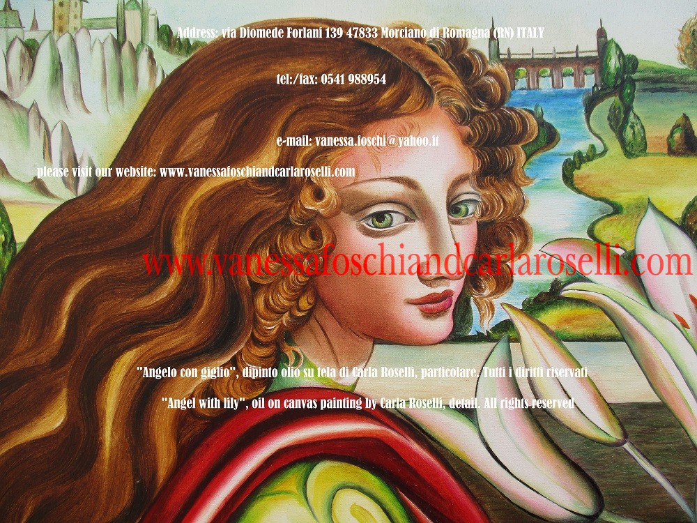 Angelo con giglio, dipinto olio su tela di Carla Roselli -Angel with lily, oil on canvas painting by Carla Roselli