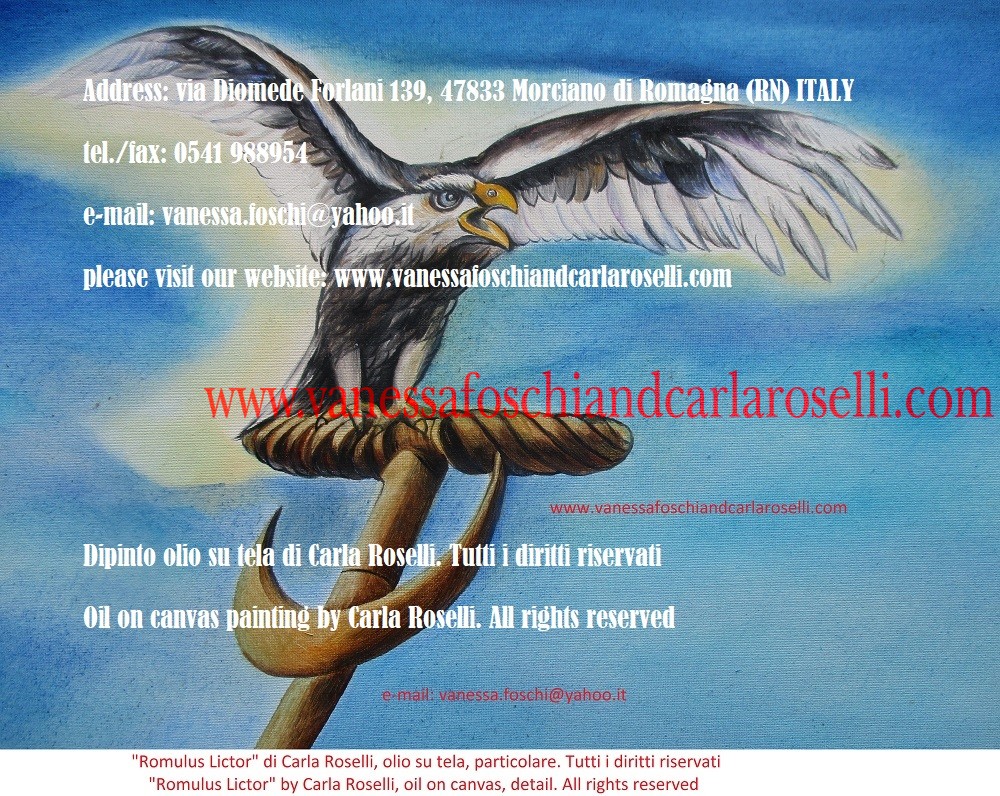 Romulus Lictor, olio su tela di Carla Roselli, insegna con aquila argentata-Romulus Lictor, oil on canvas by Carla Roselli