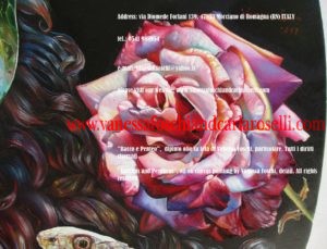 Una delle bellissime rose dipinte, con tecnica olio su tela, dalla pittrice italiana Vanessa Foschi, nata a Rimini, nel quadro Bacco e Penteo, diametro centimetri 90