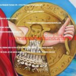 The king of the gods is represented in the painting "Zeus with the Aegis", by Carla Roselli . He is caught in the act of defeating one of the Giants, sons of the Earth, Mimas the destroyer