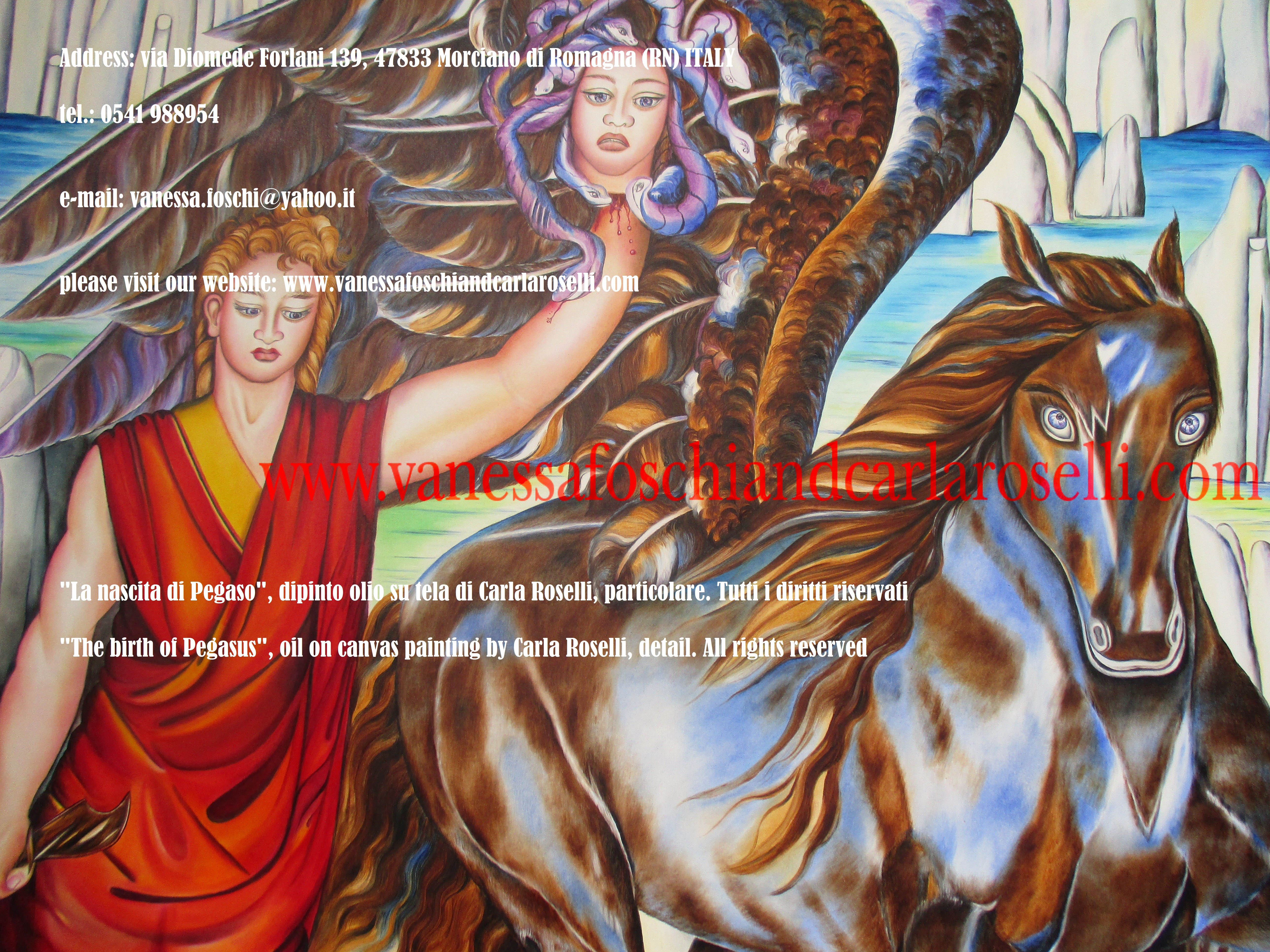 LA NASCITA DI PEGASUS Nel dipinto "La nascita di Pegasus" di Carla Roselli è raffigurata l'origine del divino destriero. Pegaso, il mitico cavallo alato, fu generato da Poseidone