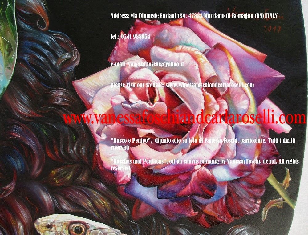 beautiful roses in the painting Bacchus and Pentheus by Vanessa Foschi- Bacco e Penteo di Vanessa Foschi, rosa
