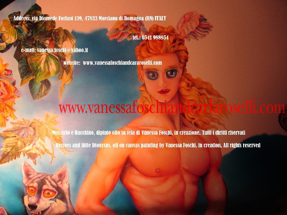 Dei greci, Mercurio e Bacchino, dipinto olio su tela di Vanessa Foschi, in creazione- Hermes and little Dionysus by Vanessa Foschi
