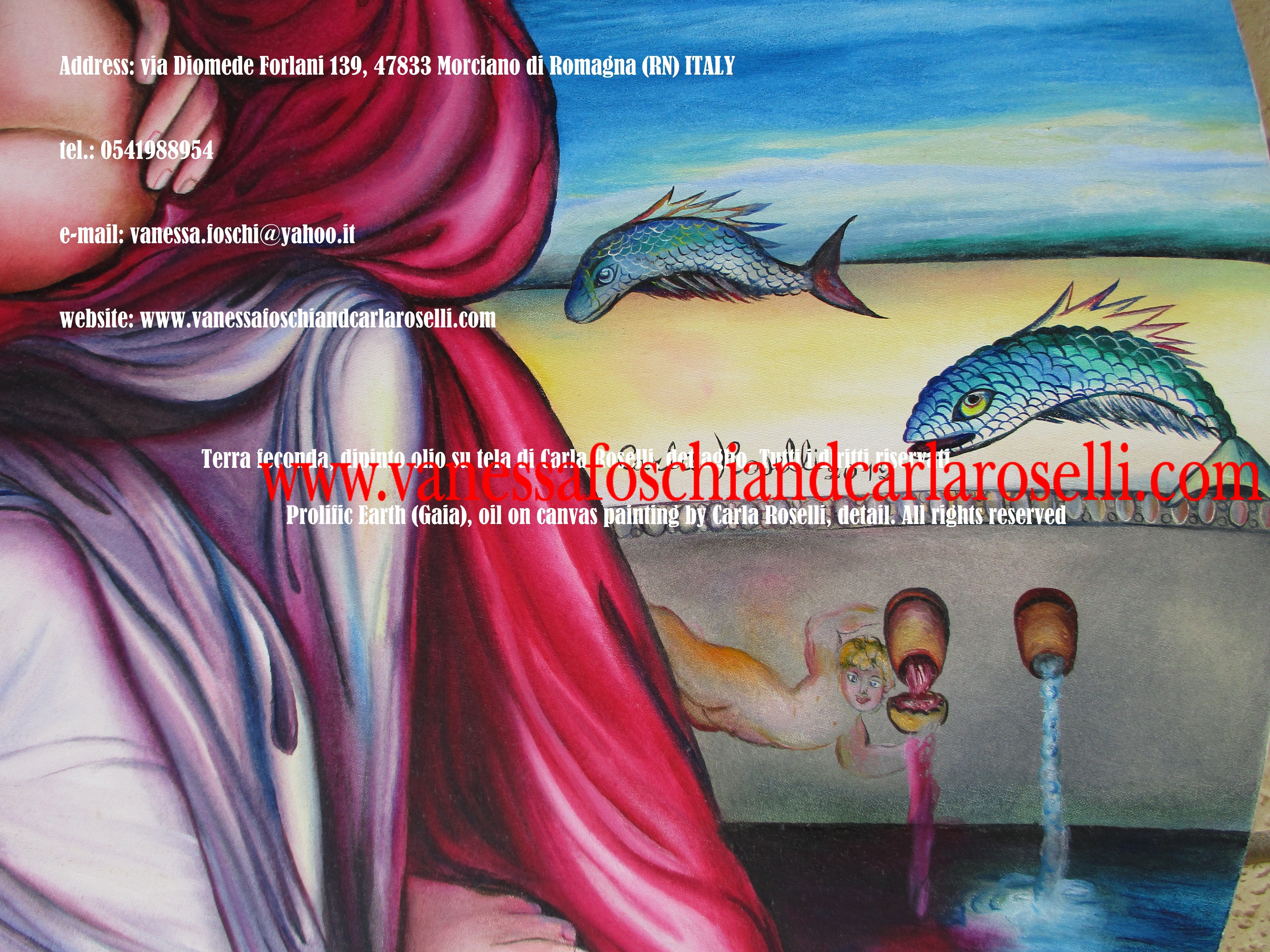 Gaia, Terra feconda, dipinto olio su tela di Carla Roselli, pesci volanti, dal fregio sgorgano acqua e vino