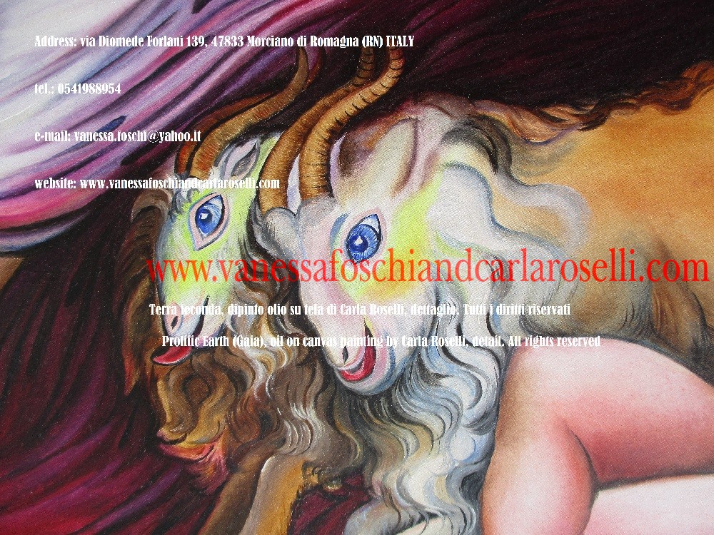 Gaia, Terra feconda, madre di Titani e Giganti, dipinto di Carla Roselli, caprette