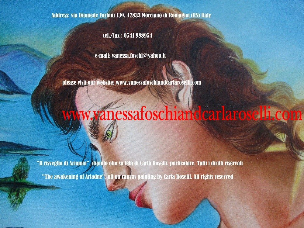 Bacco e Arianna, dipinto olio su tela di Carla Roselli, risveglio di Arianna a Nasso, dio Bacco