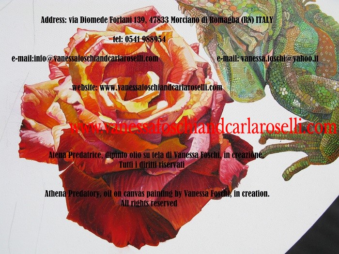 Bellissime rose nel dipinto Atena predatrice e Alcioneo di Vanessa Foschi, in creazione, tecnica olio su tela