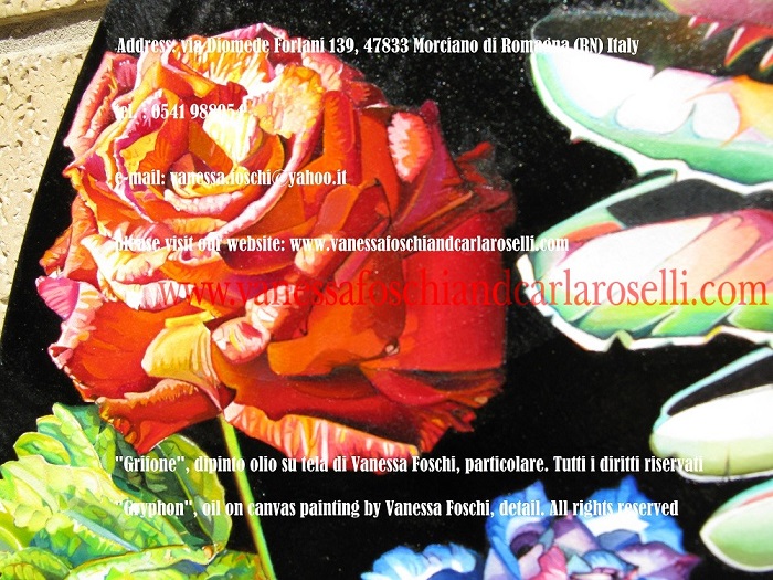 Bellissime rose nel dipinto Grifone di Vanessa Foschi, tecnica olio su tela