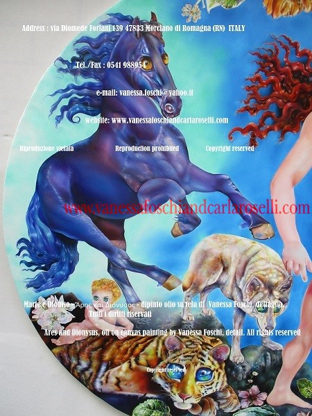 Animali nell'arte, animaux dans l'art, animals in the art, Ares and Dionysus, oil on canvas painting by Vanessa Foschi, tiger, wolf, horse - Marte e Dioniso, di Vanessa Foschi