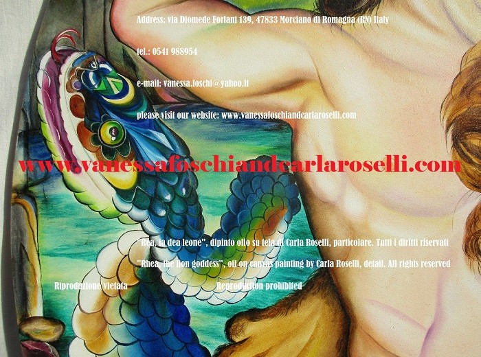Rea, dea leone, dipinto di Carla Roselli देवी शेर, कैनवास पर चित्रित, साँप, painting by Carla Roselli