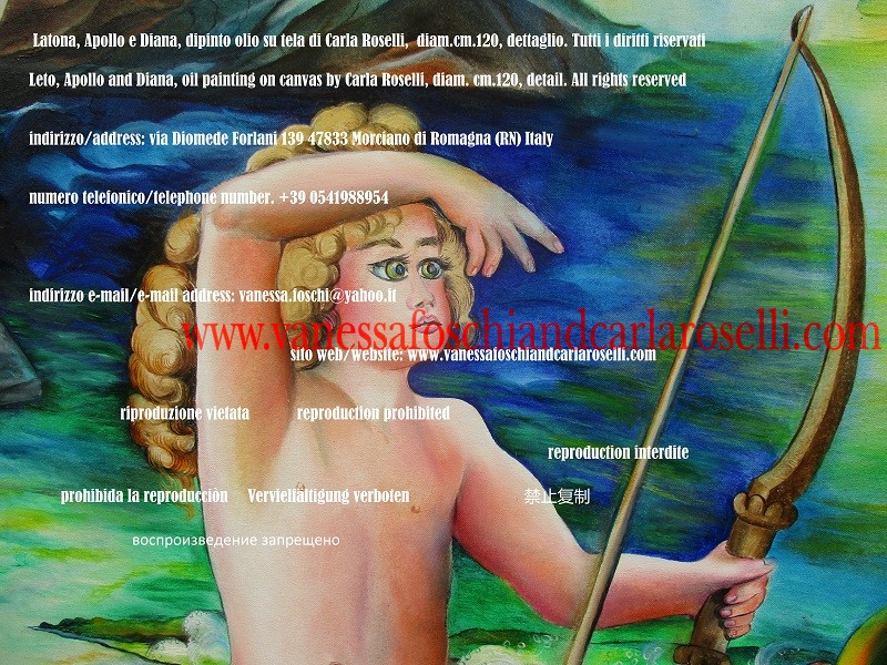 Little Apollo, son of Zeus and Leto, killing Python with his silver bow, oil painting on canvas by Carla Roselli