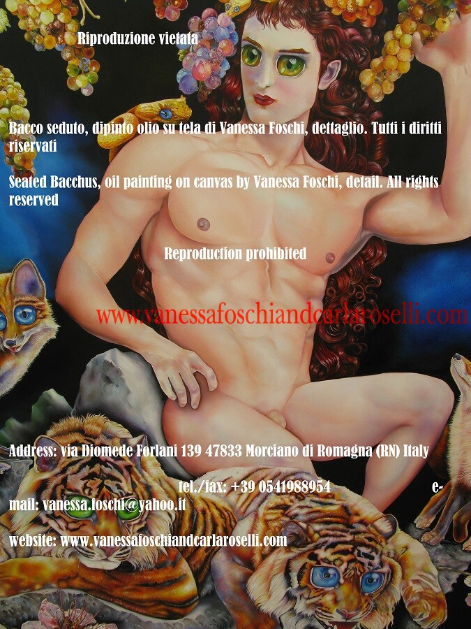 Dioniso seduto con tigri e volpi, dipinto olio su tela di Vanessa Foschi