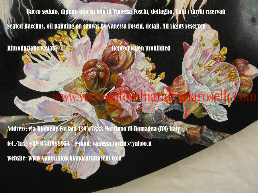 Dioniso seduto, dio della vendemmia, dipinto olio su tela di Vanessa Foschi, dettaglio, albicocco in fiore