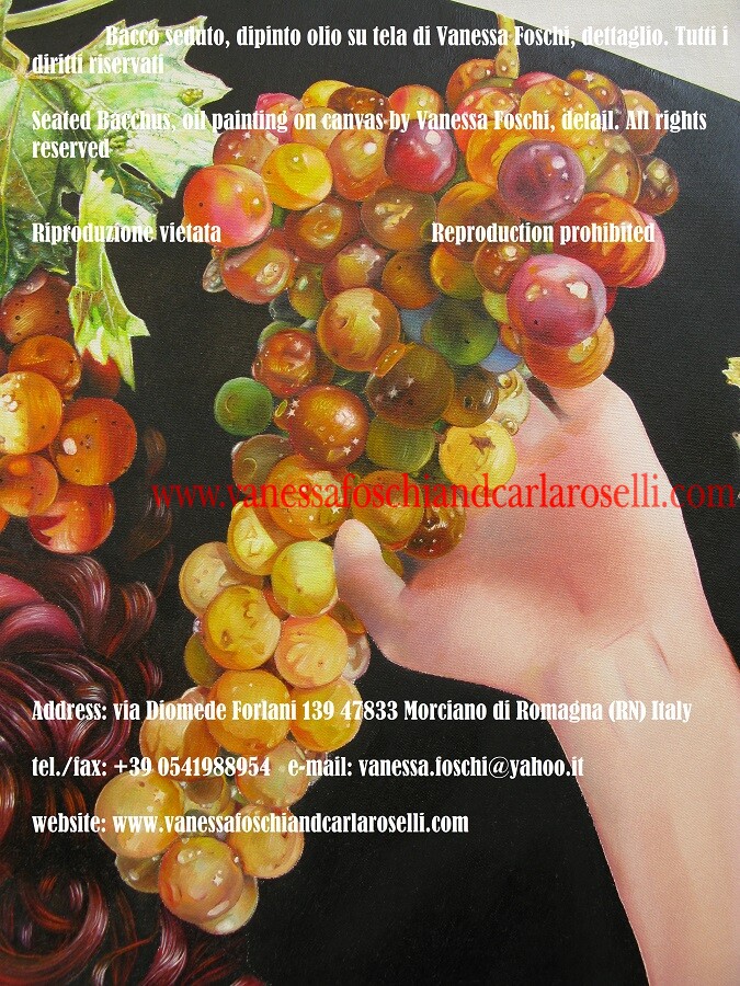 Dioniso seduto, dipinto olio su tela di Vanessa Foschi, grappolo di uva
