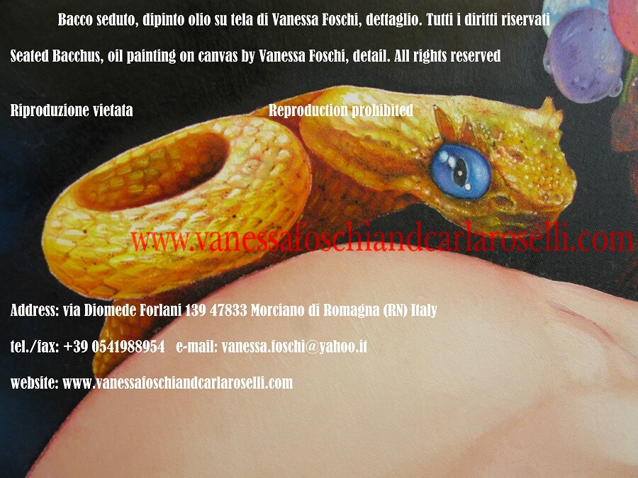 Dioniso seduto, dipinto olio su tela di Vanessa Foschi, serpente (E si avvolse la chioma in legami di serpenti, Nonnos Dionysiaca, XVIII, 199)