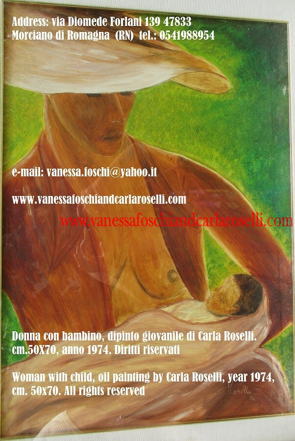 Donna con bambino, dipinto giovanile di Carla Roselli, cm. 50 X 70, anno 1974. Woman with child, oil painting on canvas by young Carla Roselli, year 1974